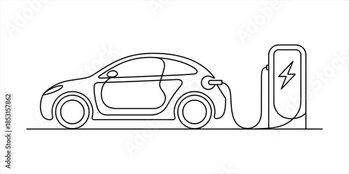 A continuous line art drawing of an electric car charging at a station Vector, illustration