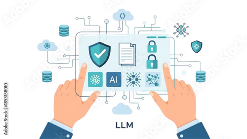 Hands managing secure AI data and network protection for large language models on a digital tablet interface