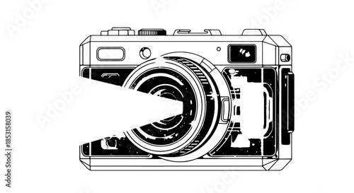 Stylized camera illustration with negative space and bold graphic design elements.