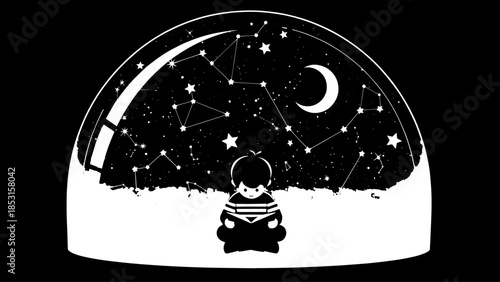 Quiet Night Sky Inside a Dome: Stars, Moon and a Small Figure.