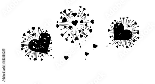 Two Abstract Hearts Surrounded by Spiky Radial Bursts in Black and White Artful Design.