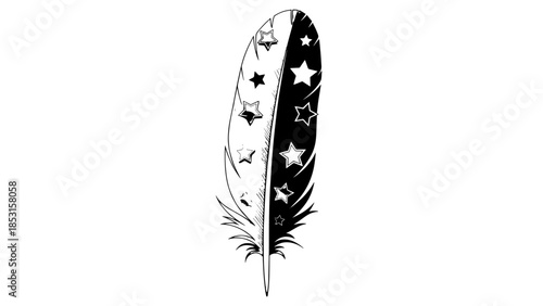 Elegant monochrome feather illustration with star pattern and delicate lines.