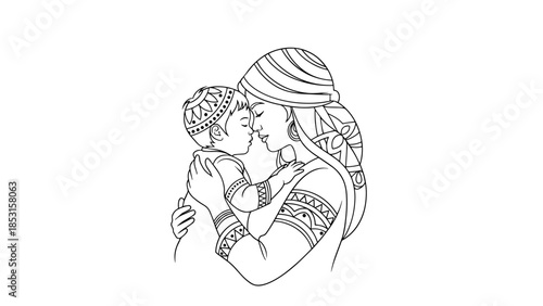 Delicate line drawing of a mother lovingly holding her baby close in an intimate embrace.