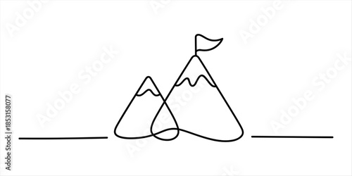 Continuous line drawing of mountain peak with a flag, symbolizing achievement Vector, illustration