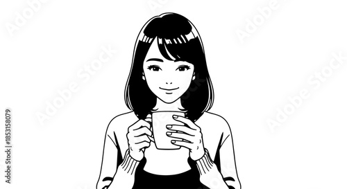 Illustration of a girl holding a cup and smiling, a cheerful casual scene.