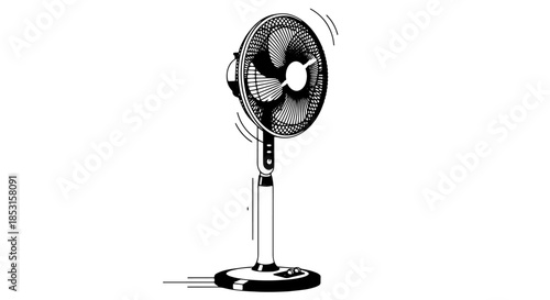 Standing electric pedestal fan with metal mesh grille and adjustable tilt for cooling.