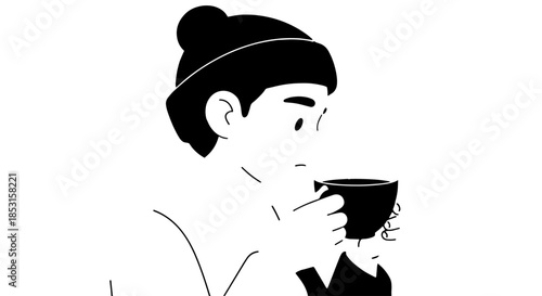 Elegant silhouette of a woman sipping tea.