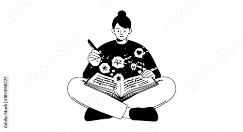 Cartoon illustration of a person sitting cross-legged and reading a book with doodles on the pages.