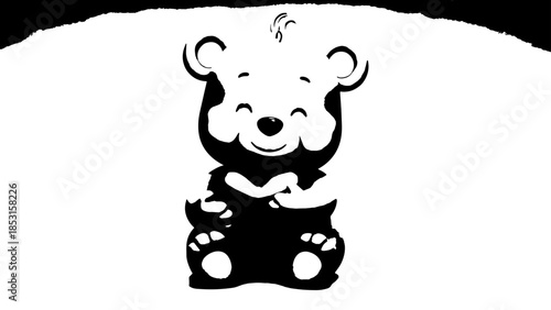 Minimalist black and white bear illustration featuring a cute teddy-like character.