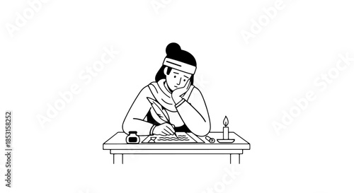 Illustration of a seated monk scholar writing at a traditional desk.