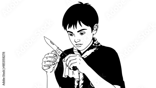 Illustration of a man carefully cutting an object with a knife, focusing on precision and craft.