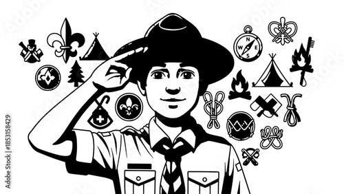 Young Scout in Uniform Saluting with Numerous Badges and Emblems Surrounding Him.