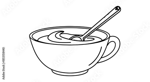 Simple line drawing of a bowl with soup and spoon for culinary illustration.