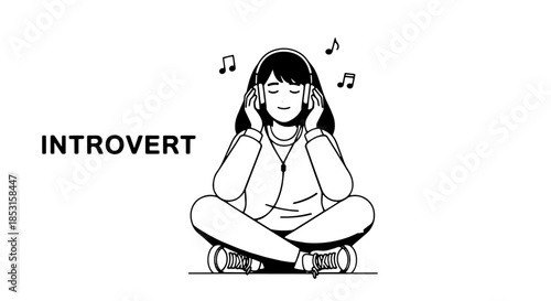 Illustration of an introverted person listening to music with headphones.