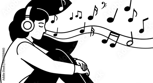 Illustration of a person playing a musical instrument with headphones and flowing notes.