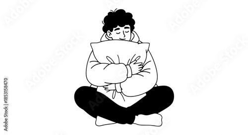 A minimal monochrome sketch of a person seated and hugging a cat in a cozy, intimate moment.