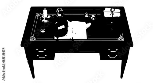 Silhouette of a vintage cassette tape deck with spools and controls.