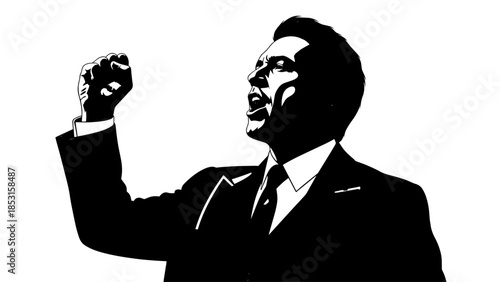 High-contrast silhouette of a suited man raising his fist in a protest gesture.