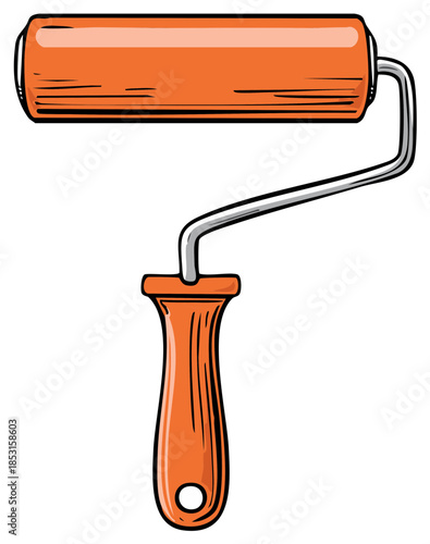 Illustrated paint roller tool in orange and silver for construction and home improvement