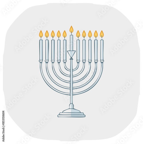 Illuminated menorah with nine burning candles, a traditional Jewish candelabrum for Hanukkah celebration, a symbol of light and faith.