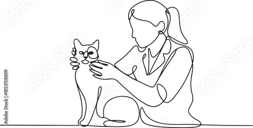 Single continuous line drawing female veterinarian examining head of cat. Check carefully. Focus on the eyes.one line vector illustration with out background.