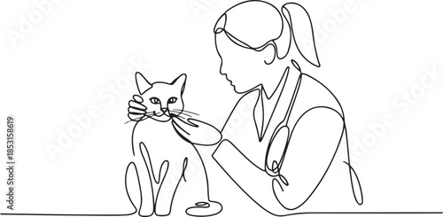 Single continuous line drawing female veterinarian examining head of cat. Check carefully. Focus on the eyes.one line vector illustration with out background.