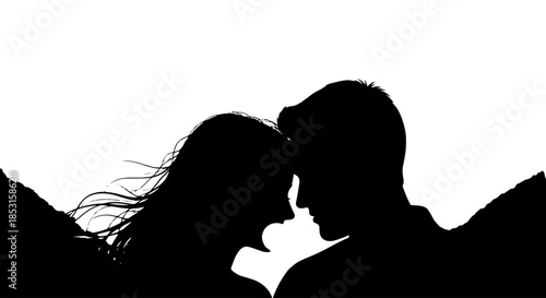 Romantic silhouette of a couple sharing a kiss in a clean white background, capturing affection and connection.