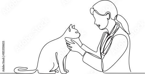 Single continuous line drawing female veterinarian examining head of cat. Check carefully. Focus on the eyes.one line vector illustration with out background.