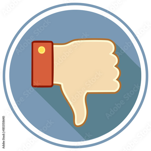 Hand with thumbs down gesture inside a circular blue graphic with shadow illustration