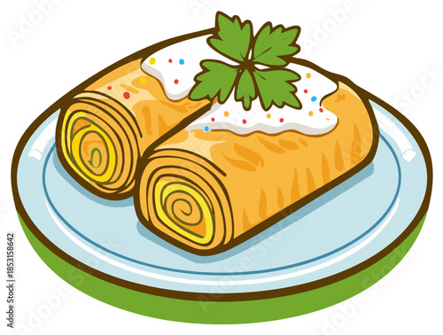 Sweet rolled pancakes topped with white icing, colorful sprinkles, and fresh herb on a plate, cartoon vector style.