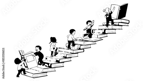 People climbing stairs with laptops symbolizing career ladder, teamwork, and technology progress.