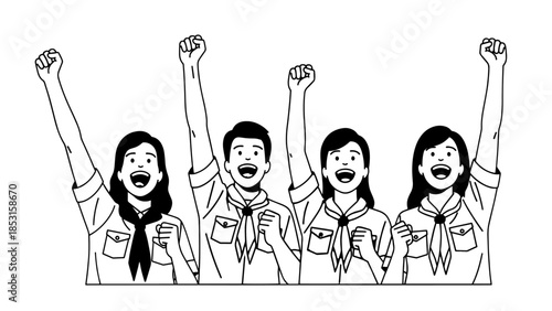 Cheering group of four cartoon coworkers raising fists in celebration and unity.
