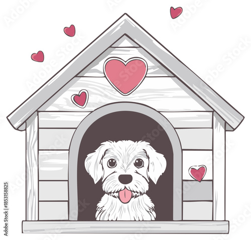 Cute white dog in a cartoon doghouse with hearts, vector illustration for pet love.