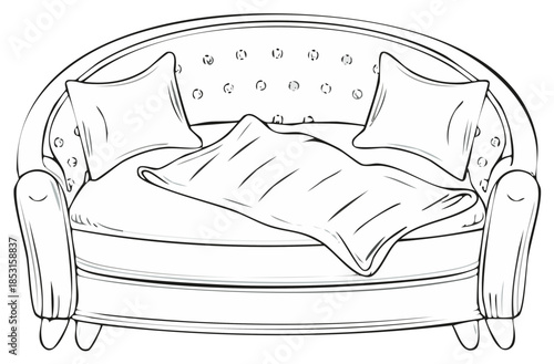 Elegant tufted sofa with plush cushions and draped blanket line art illustration