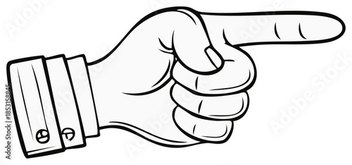 A retro cartoon hand with index finger pointing right in a bold line art illustration