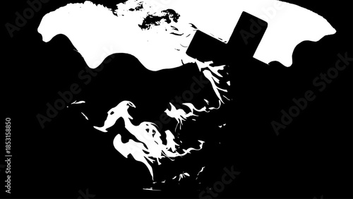 High-contrast silhouette map artwork featuring black and white landmasses and coastlines.