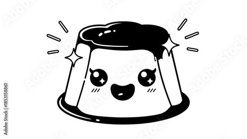 Cheerful cartoon pudding character with a smiling face in a playful dessert illustration.