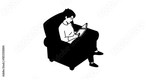 Person seated on a chair reading a magazine in a minimalist monochrome illustration.