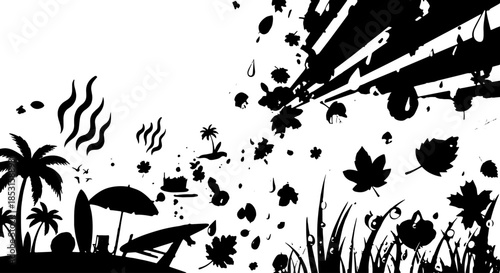 Black and white silhouette collage of tropical plants, leaves, and trees.