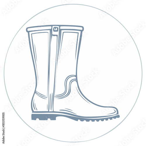 Stylized outline of a rain boot with a textured sole and detailing inside a circular frame