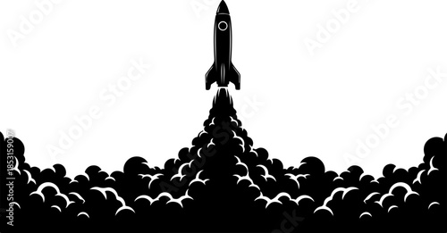 Rocket Launch Silhouette with Smoke Clouds Vector Icon