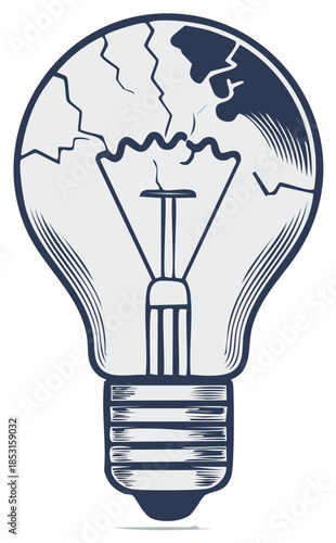 Cracked light bulb revealing planet Earth interior concept art illustration