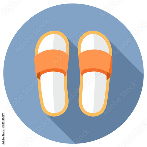 Pair of orange and white slide sandals or slippers on a blue circular background, graphic design