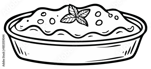 Hand drawn bowl of creamy dip with basil garnish vector line art illustration for coloring