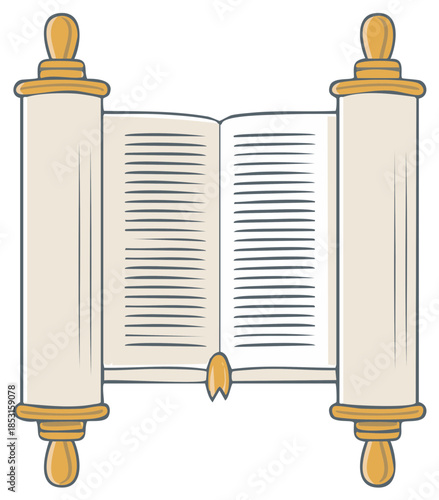 Open Ancient Scroll with Wooden Rollers and Text Illustration