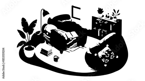 Illustrated cozy bedroom scene with a sleeping person, desk, plants and decorative objects.