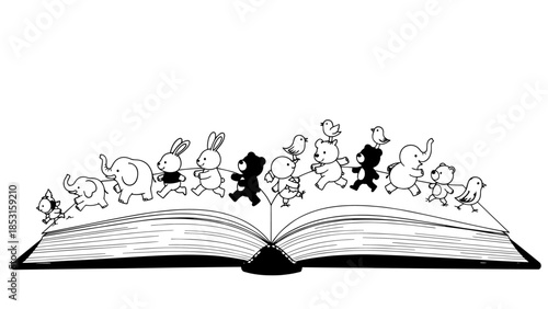 Whimsical open book surrounded by diverse cartoon characters celebrating imagination and storytelling.