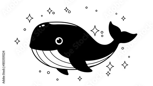 Playful black whale illustration surrounded by stars and sparkles in a whimsical scene.