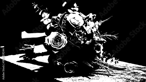 Monochrome Still Life of Flowers with Dramatic Lighting and Shadows.