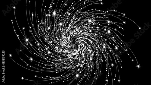 Abstract black and white spiral galaxy vortex with luminous lines and starry dots.